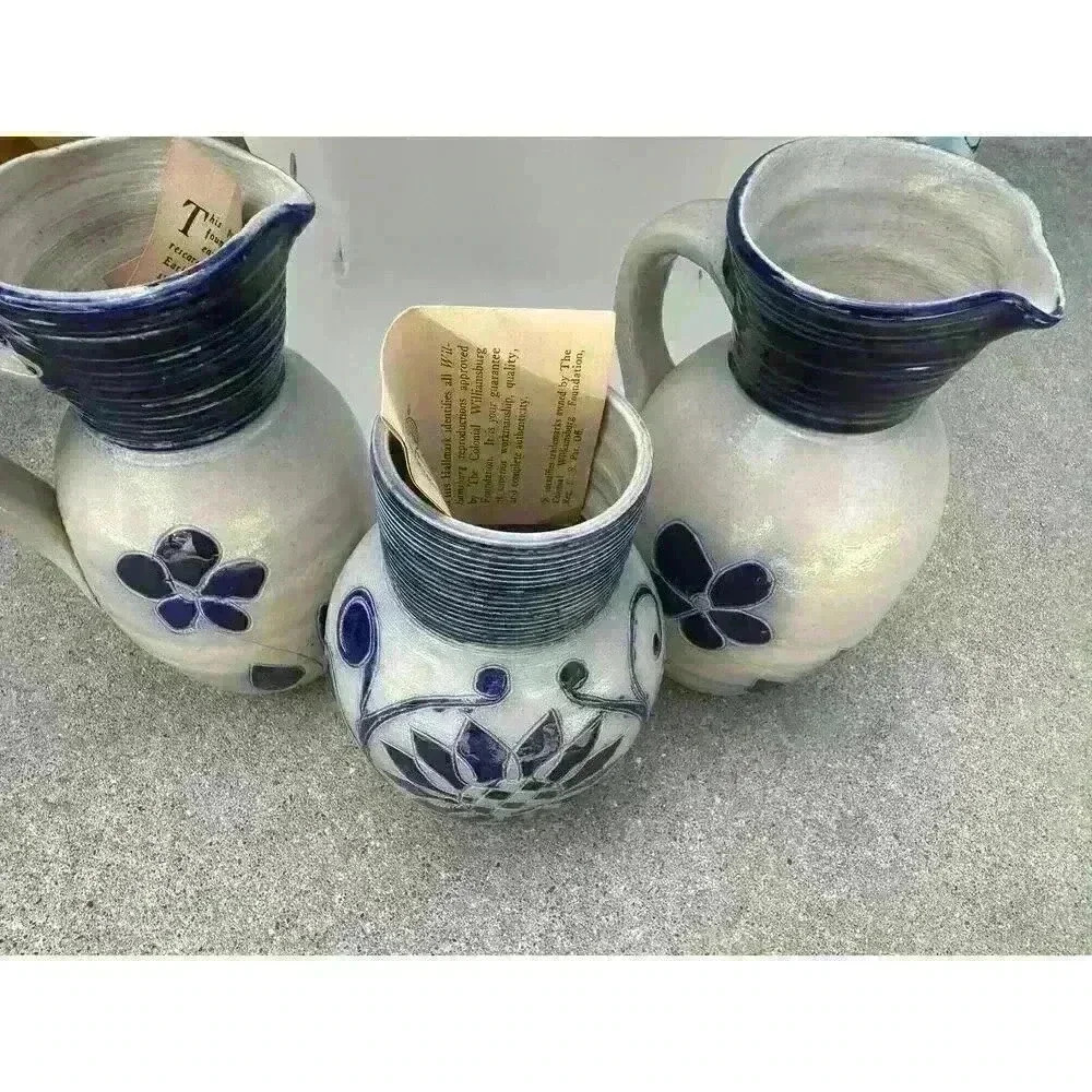 Williamsburg Pottery Pitcher Set Vintage Colonial Stoneware Blue Salt Glaze  USA
